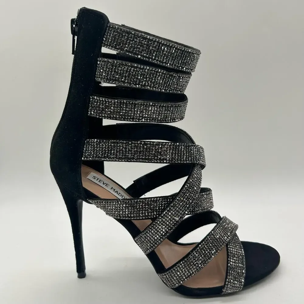 Steve Madden Heels Women 9 Black Malika Open Toe Strap Sandals Wedding Party NEW